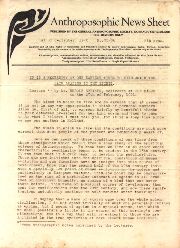 Anthroposophic News Sheet September 1st 1940 No. 35/36 image