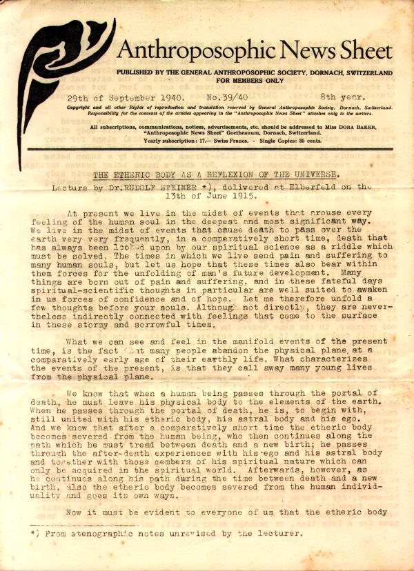 Anthroposophic News Sheet September 29th 1940 No. 39-40 image