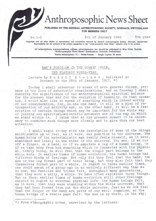 Anthroposophic News Sheet January 8th 1940 No. 1-2 image