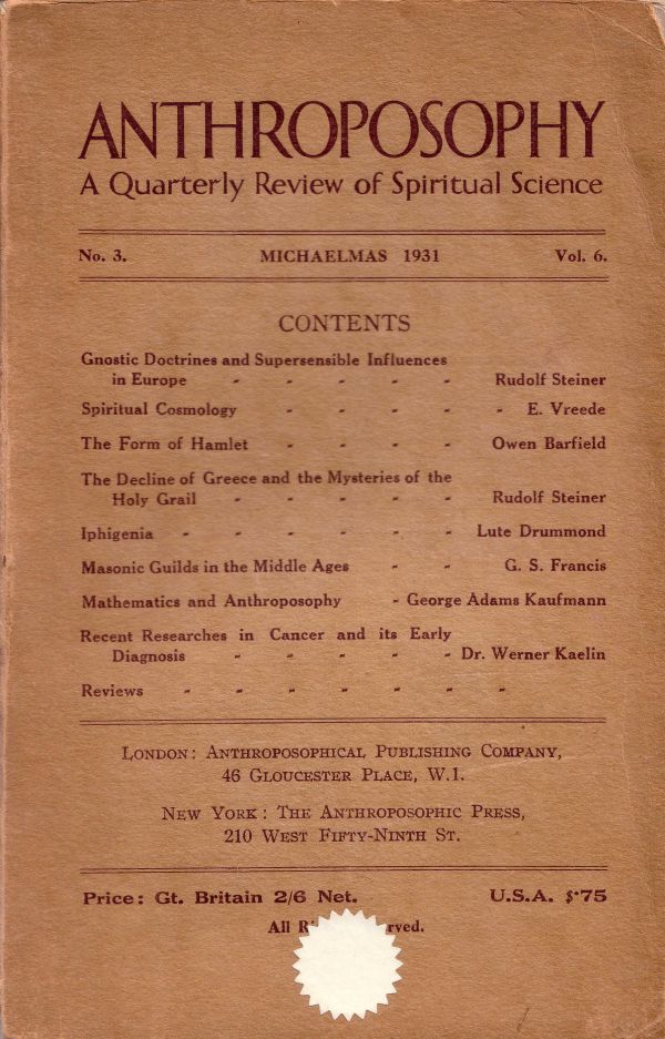 Anthroposophy - Michaelmas 1931 Volume 6 Number 3 image